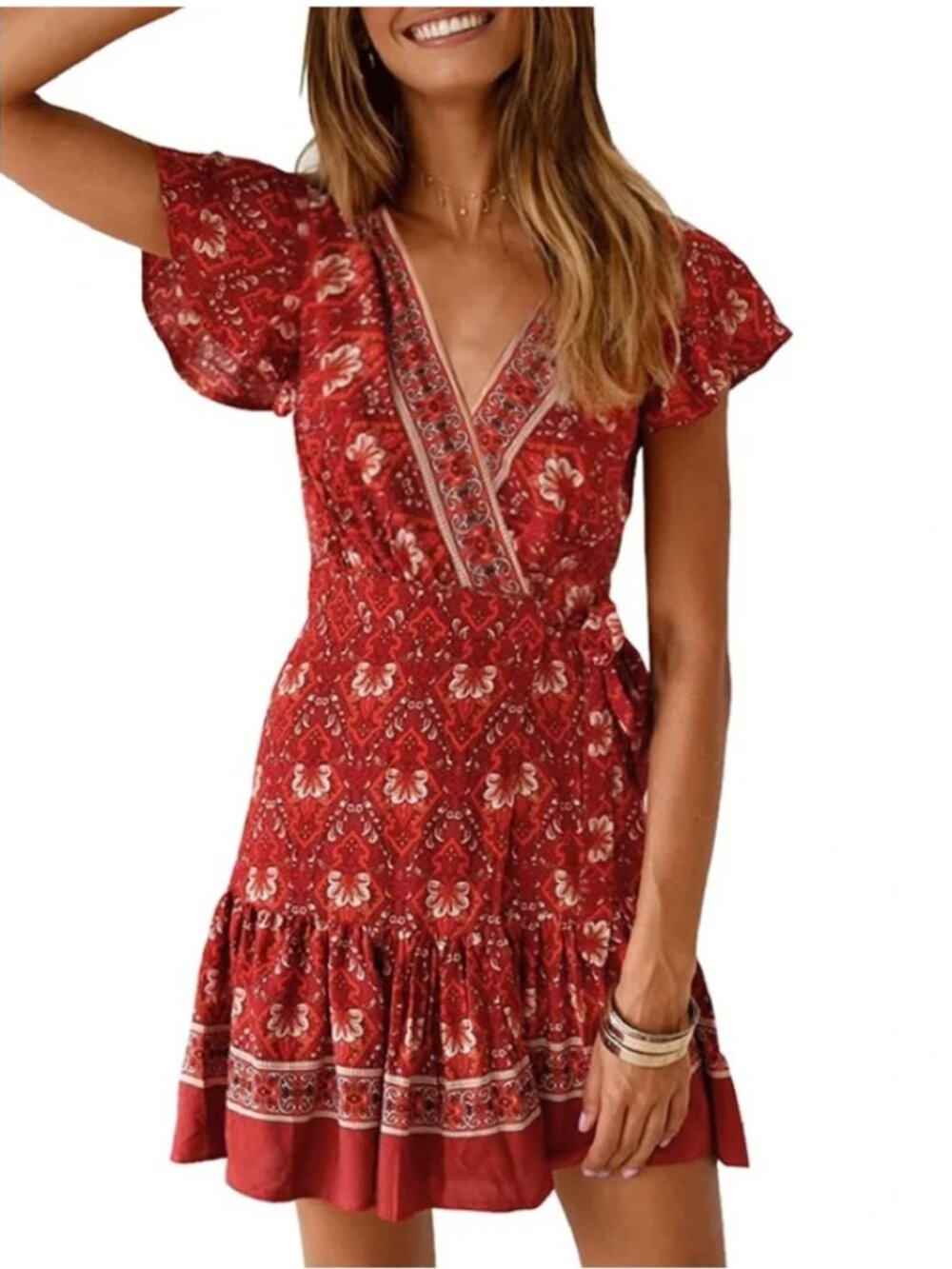 Zesica Summer Floral Boho Floral Print Wrap Mini Dress in Red Women's Medium